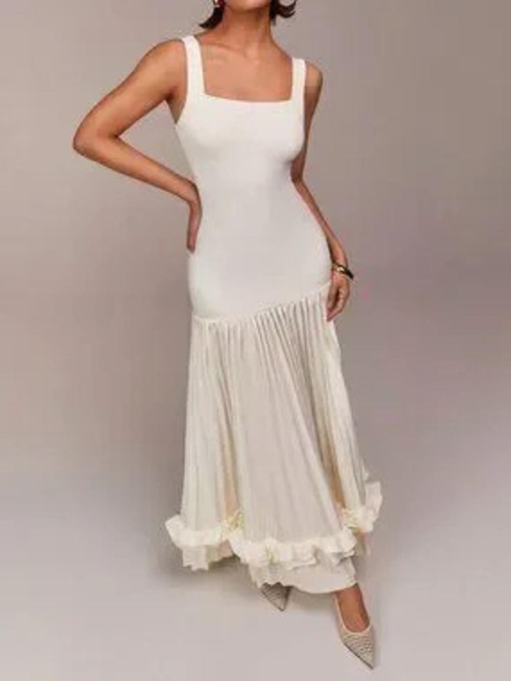 Apricot Elegant Women's Sleeveless Patchwork Pleated Ruffle Dress